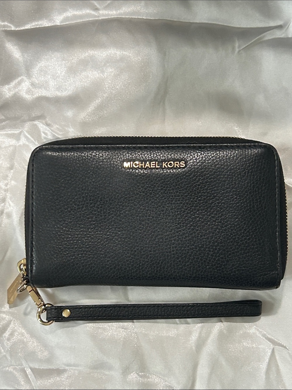 Michael Kors Black Pebbled Leather Wristlet with Gold Hardware